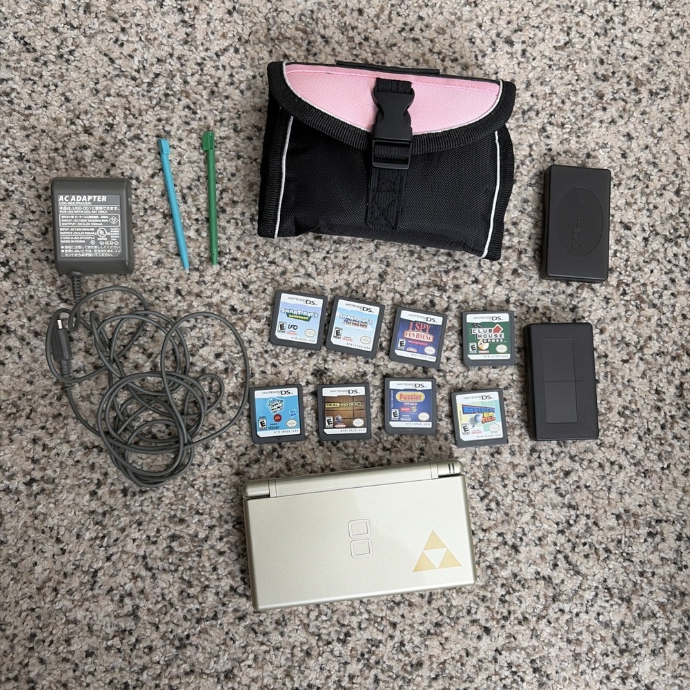Nintendo DS Lite Zelda Triforce Console Gold Charger, Stylus, 8 Games, Case